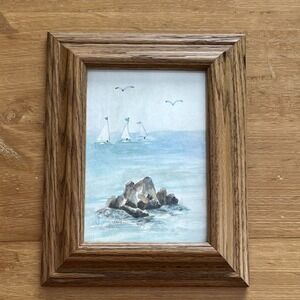 Vintage Framed Seascape Watercolor Painting Signed Betty Sailboats Coastal  5X7